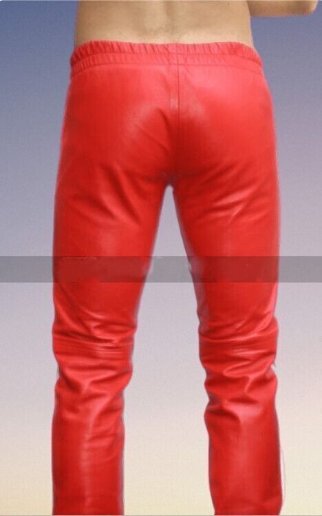 Soft Lambskin Leather Pants New Genuine Red High Quality Wear Men White Striped