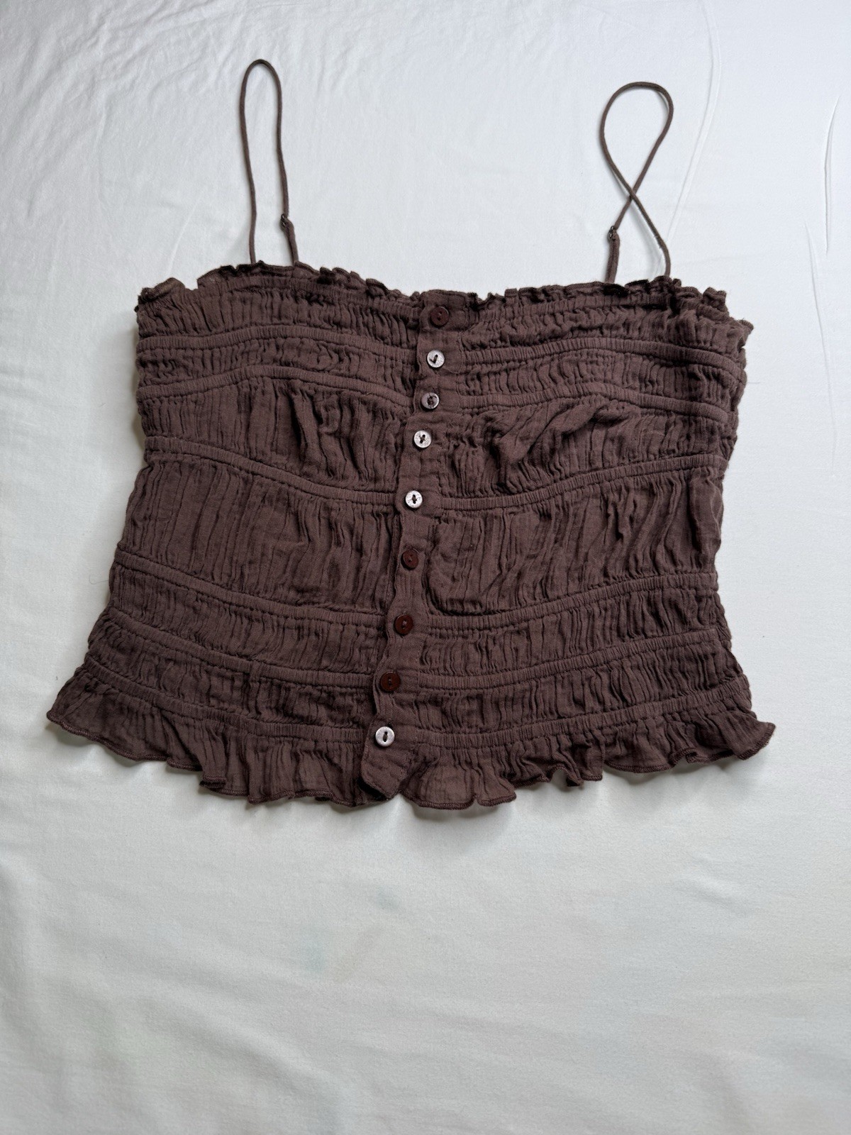 FP One Brown Solid Square Neck Smocked Button Ruffle Knit Cotton Cami Tank S