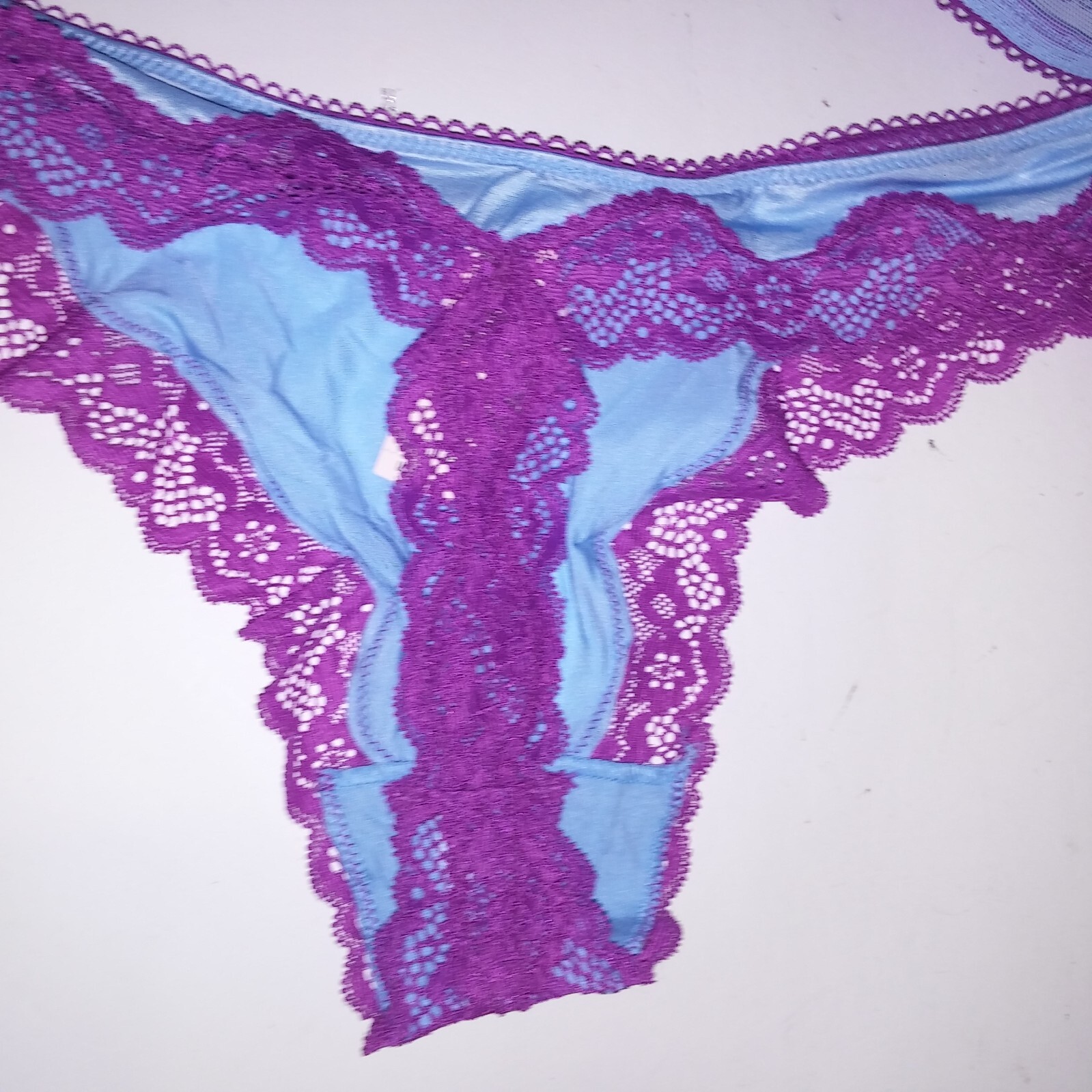 Victoria Secret Bra Set Push Up Thong Panty Blue Purple Tease Lace Trim Underwir
