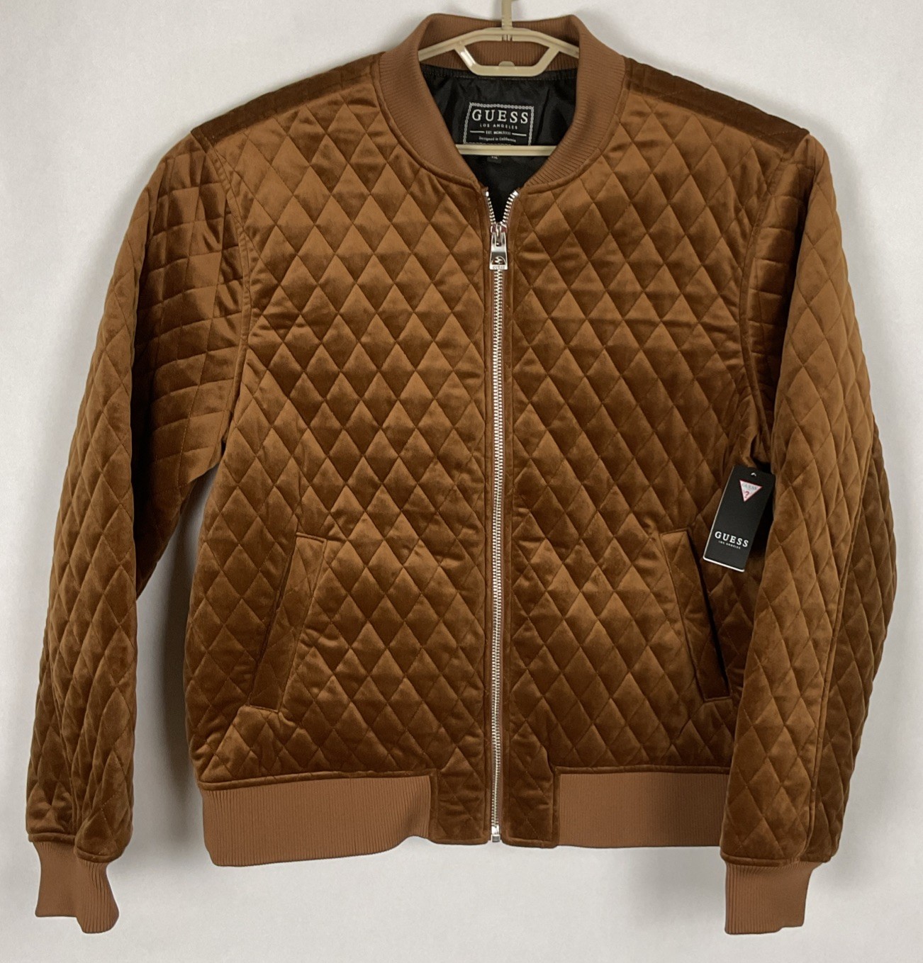 Mens Guess Jacket Velvet Quilted Full Zip Bomber Sz XXL Muted Gold 48×28” New