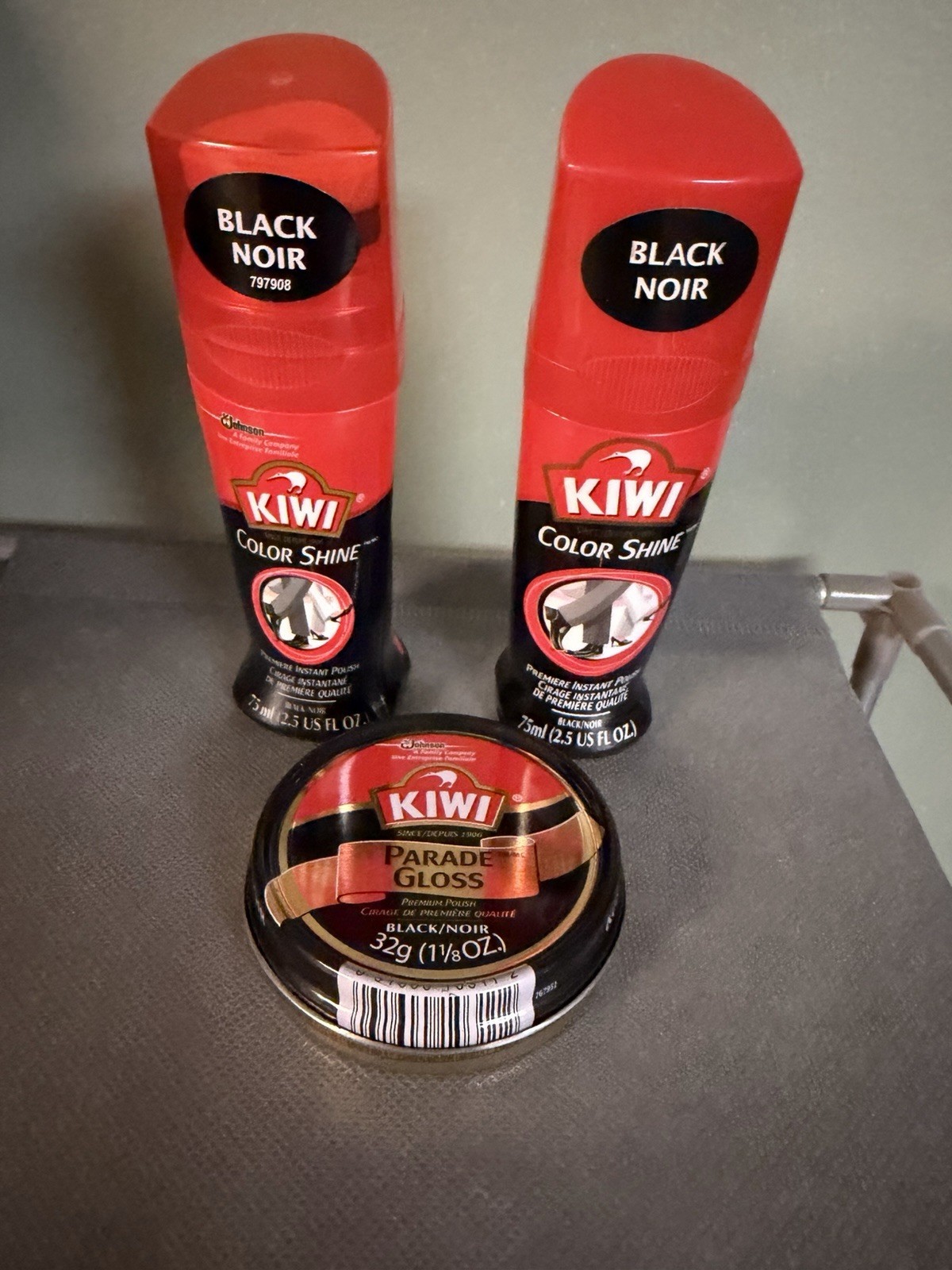KIWI Black Shoe Polish Lot: 2x Color Shine 75ml + Parade Gloss 32g