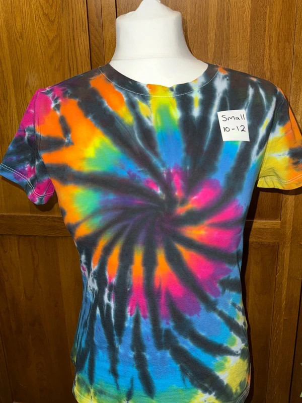 Small ladies tight fitting stretch rainbow swirl tie dye T-shirt