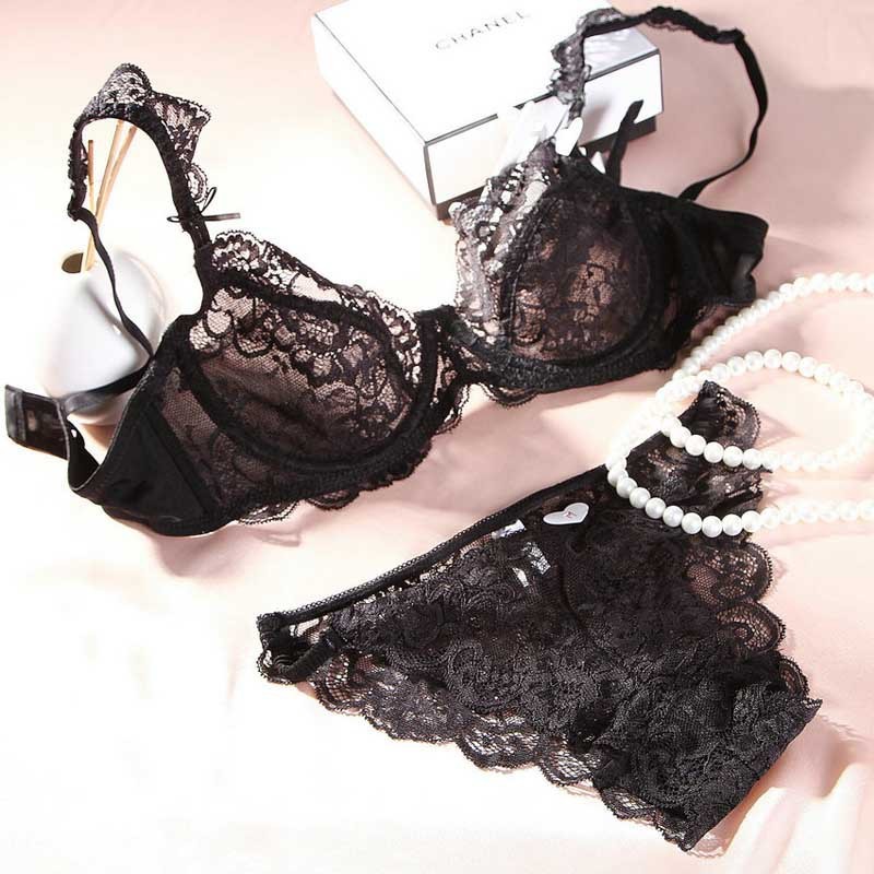 Women See-Through Lace Push Up Transparent Everyday Bra Lingerie Porno Set lolit