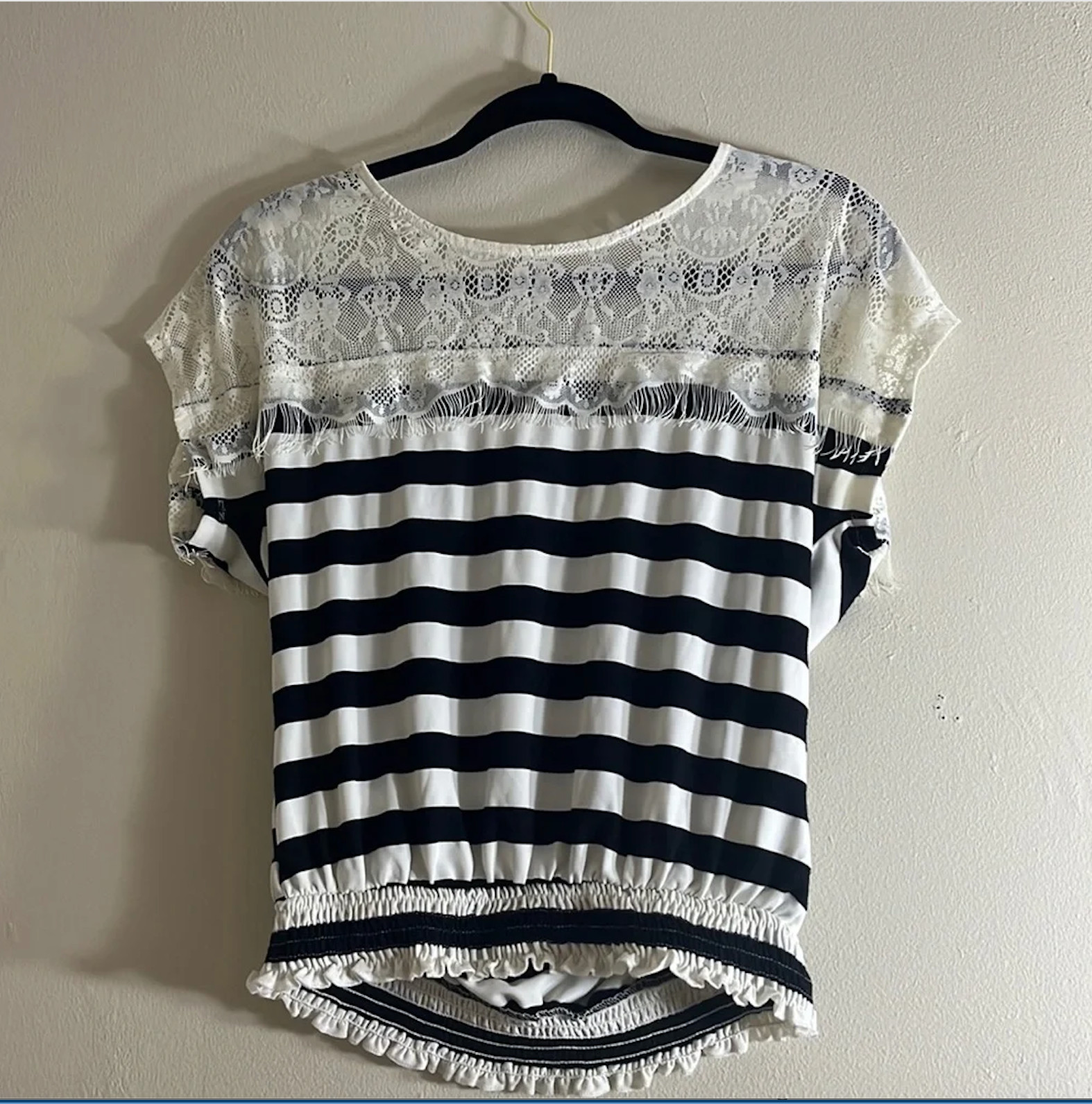Charlotte Russe Black & White Striped Top with Lace Yoke Size Small