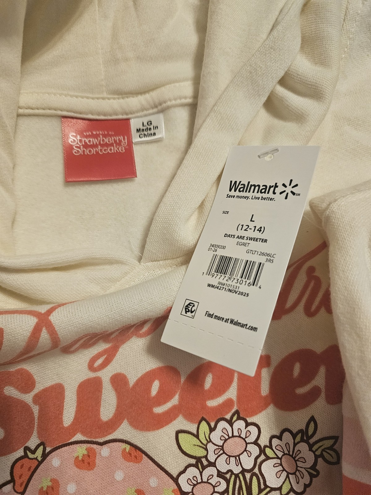 Strawberry Shortcake Womens Pullover Hoodie Days Are Sweeter Size L(12-14) NWT
