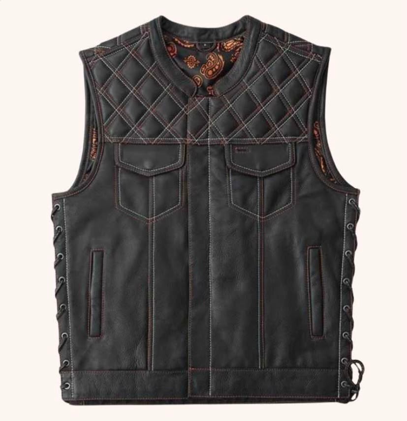 Mens Distressed Leather Motorcycle Vest Biker Club Riding Lace Side Black