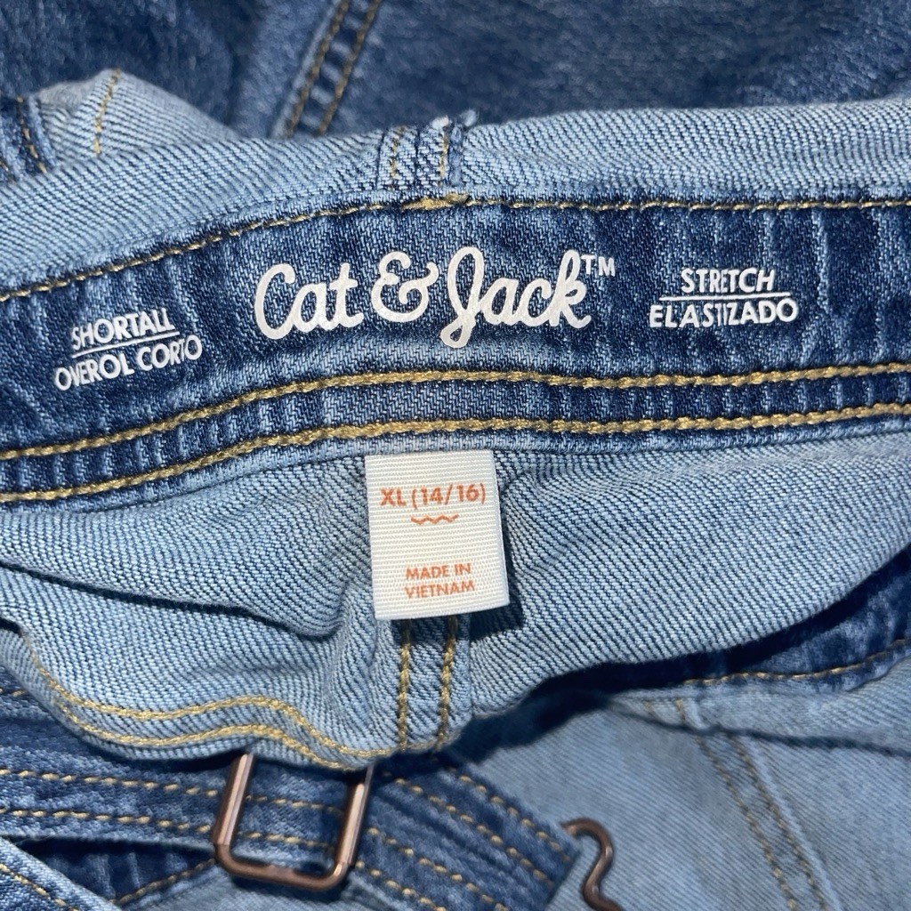 Cat & Jack Girls XL (14/16) Denim Shortalls & Striped Tee 2pc Set Stretch