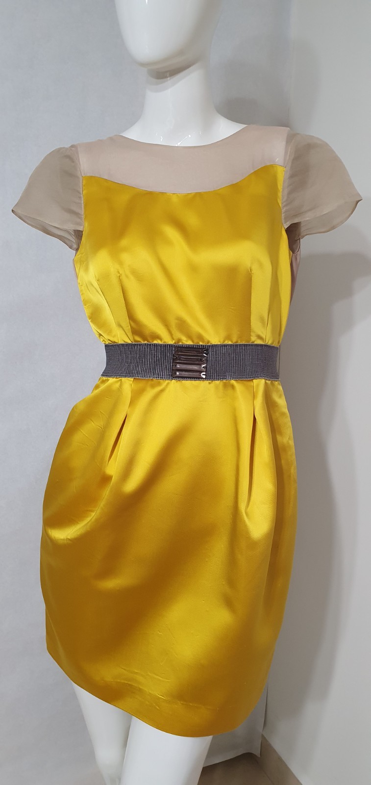 Valentino Roma Yellow Satin Cocktail Dress Crystal Belt IT 40 US 4 Made in Italy