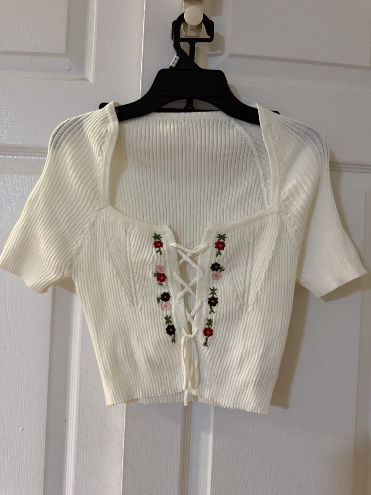 Cider Cream Ribbed Lace-Up Crop Top with Floral Embroidery