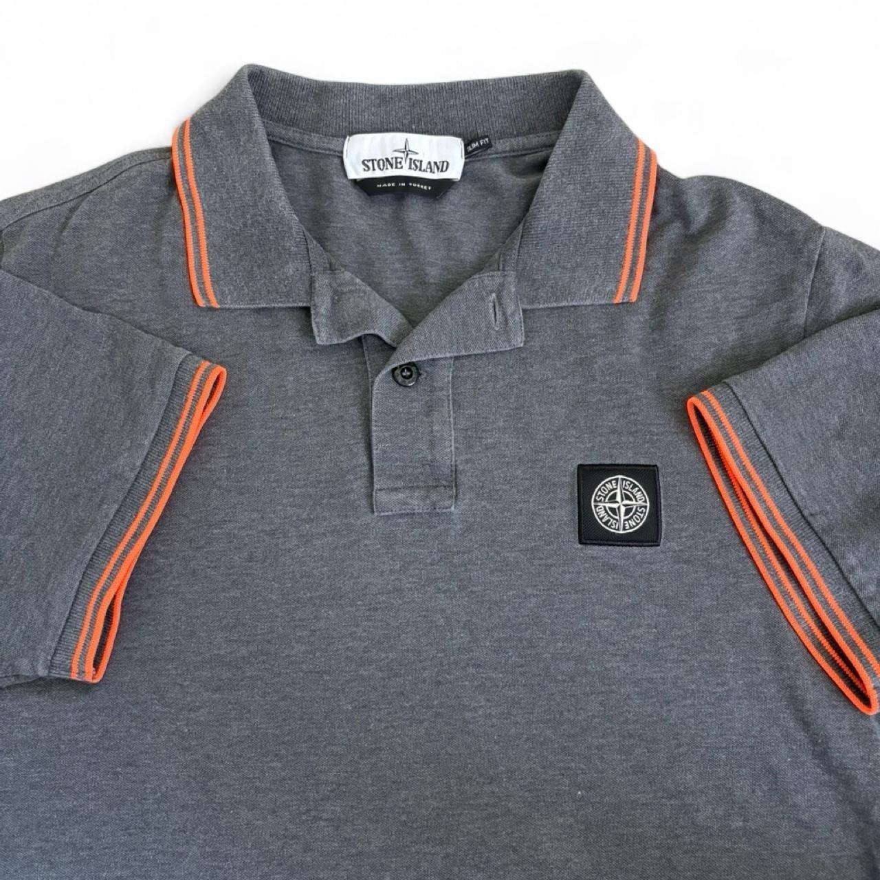 Men’s Stone Island Patch Charcoal Grey Orange Stripe Collared Polo Slim Fit M/L