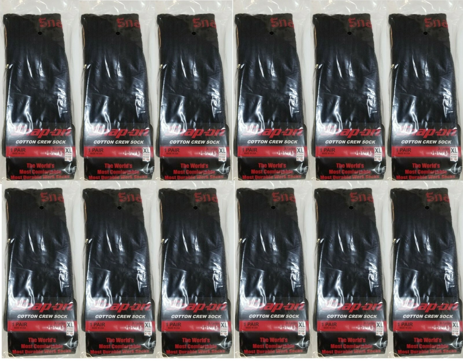 12 PAIRS Men’s BLACK Snap-On Crew Socks X-LARGE *FREE SHIPPING* MADE IN USA *NEW