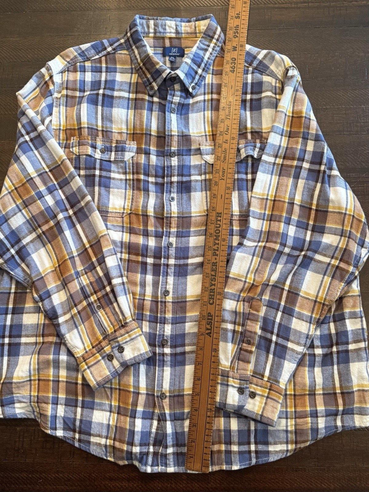 George Men’s Blue Brown Beige White Plaid Flannel Button-Down Shirt 3XL