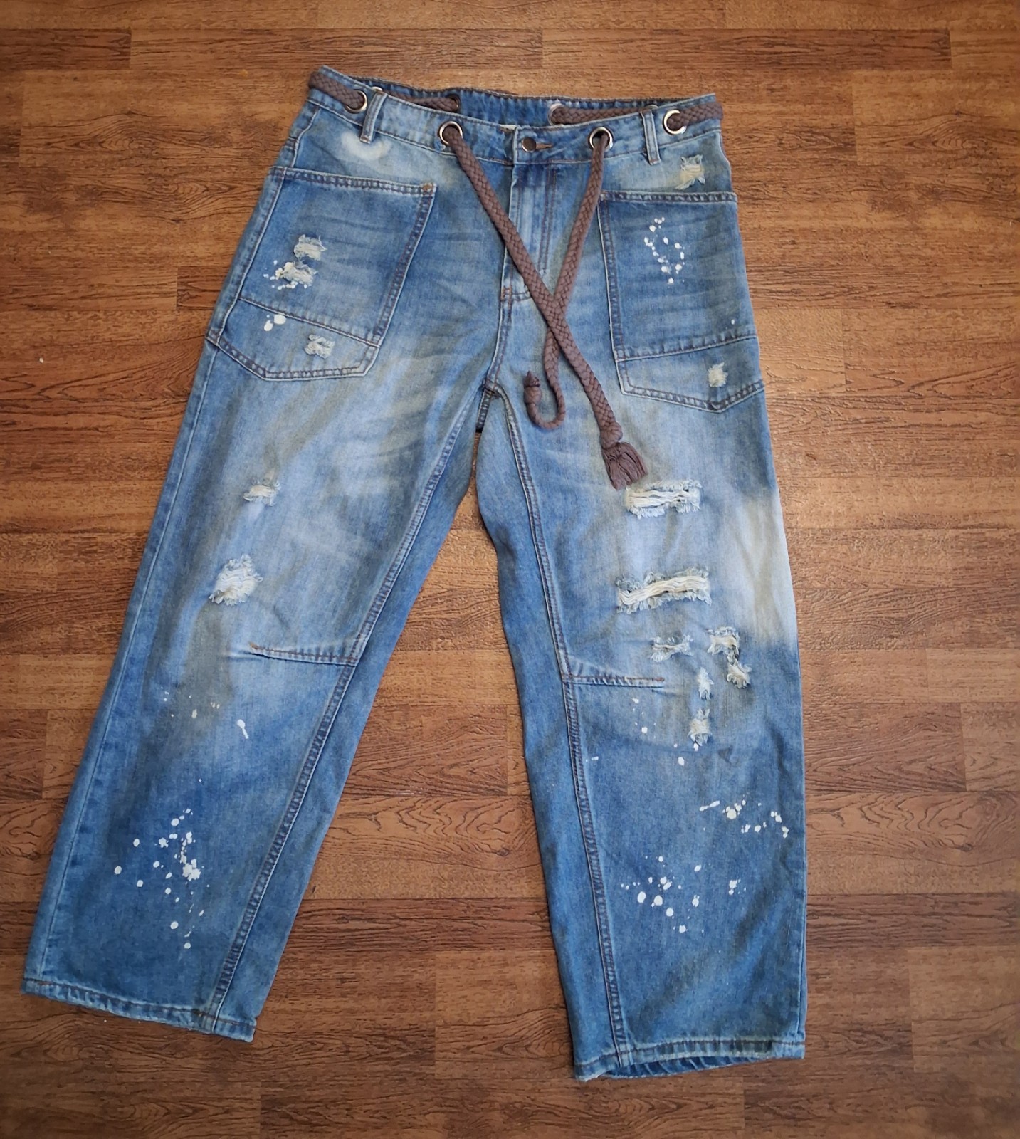 POL Baggy Fit Wide Leg Paint Splatter Cargo Pocket Jeans, Size Large