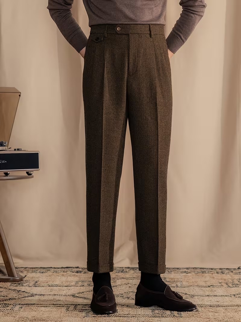 Mens Tweed Suit Pants Slacks Vintage Retro Herringbone Adjustable Waist Trousers