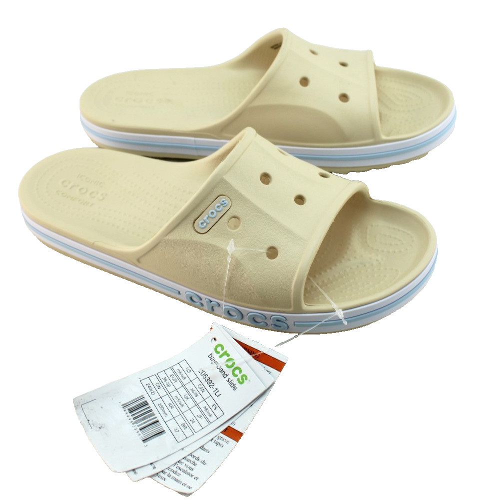New CROCS Women’s 7 Bayaband Vanilla Cream /Blue Raised Crocs Logo Slide Sandals