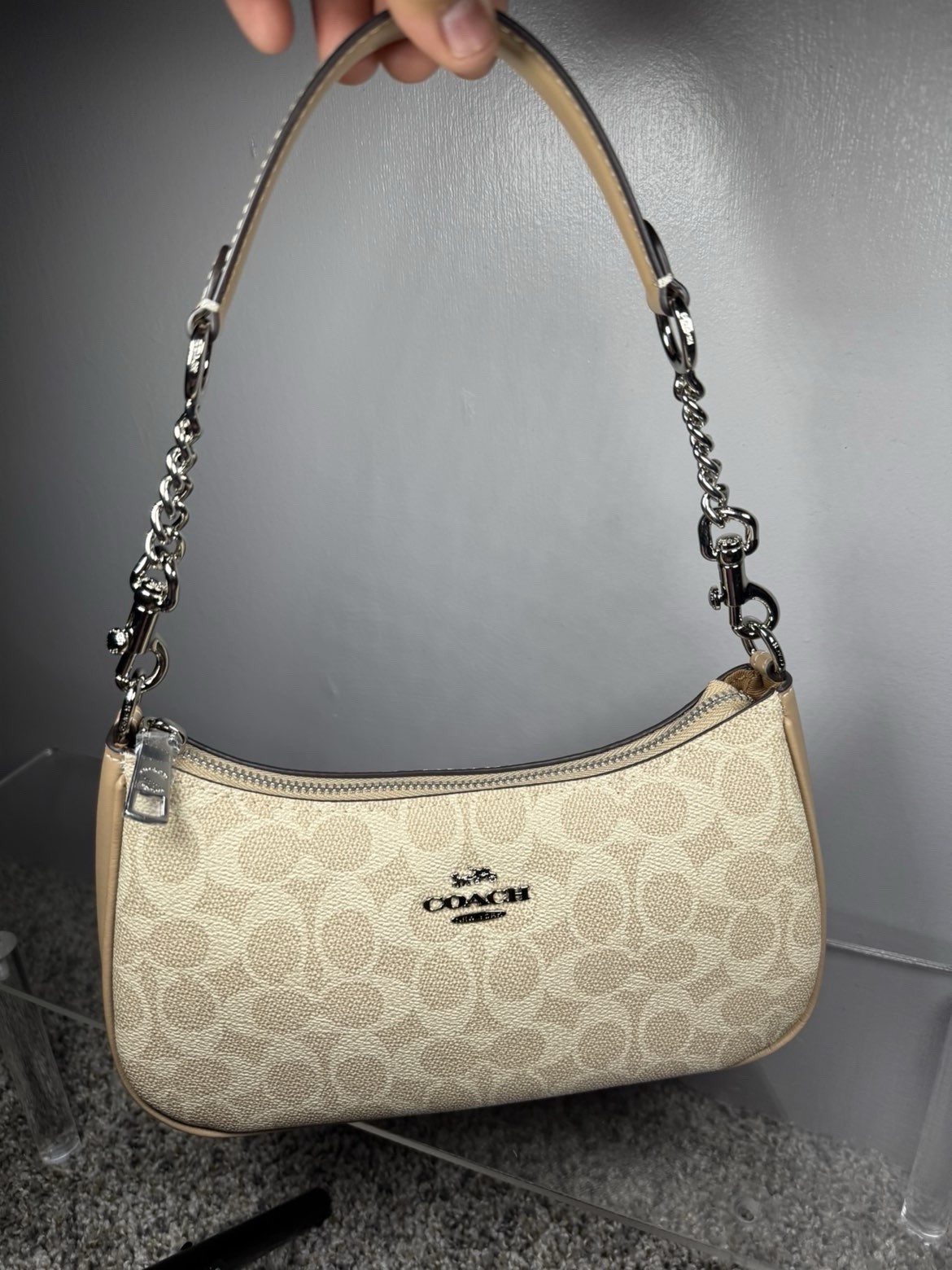 Coach Signature Beige Small Crescent Shoulder Bag Zip Closure Chain Strap