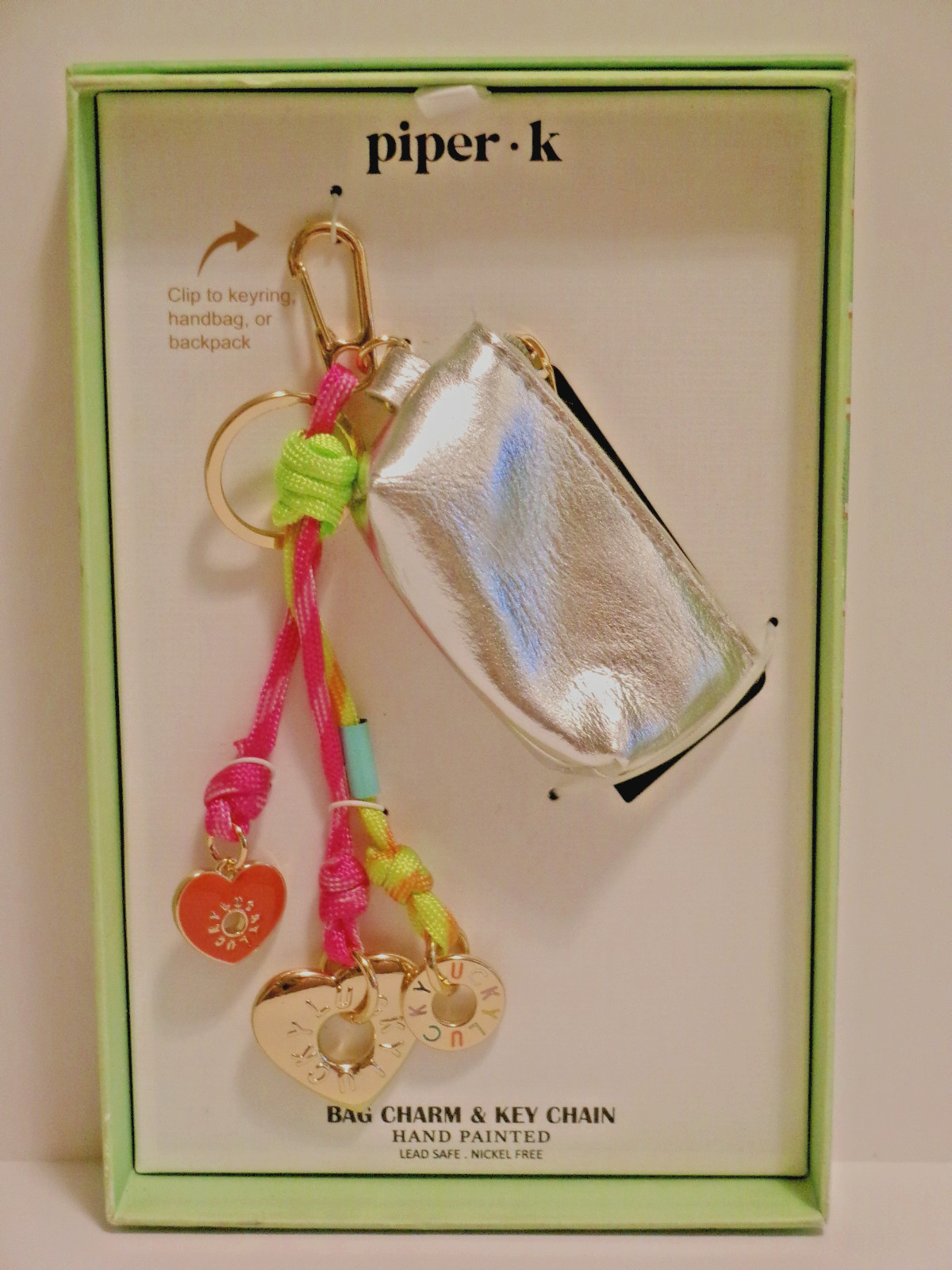 Piper K Bag Charm & Keychain Lucky Hearts & Silver Zipped Pouch NIB B61