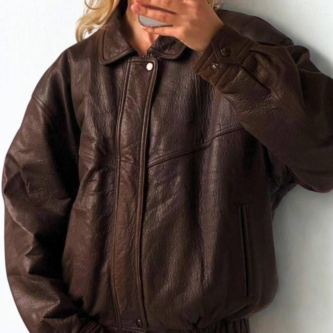 Women’s Brown Leather Jacket Women Vintage 80s Oversize Jacket Women Handmade B