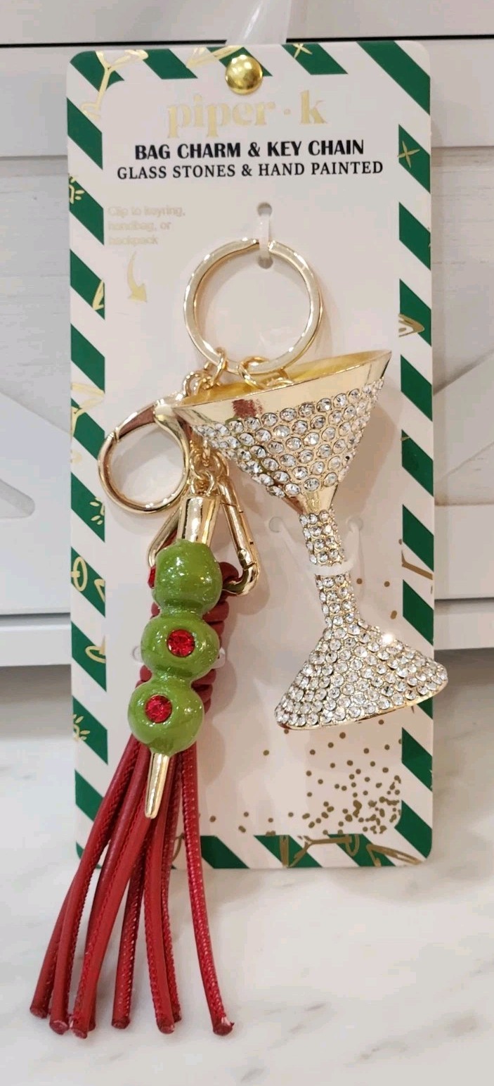 🍸NEW! Piper K Glass Stone Martini & Olive Red Tassel Bag Charm