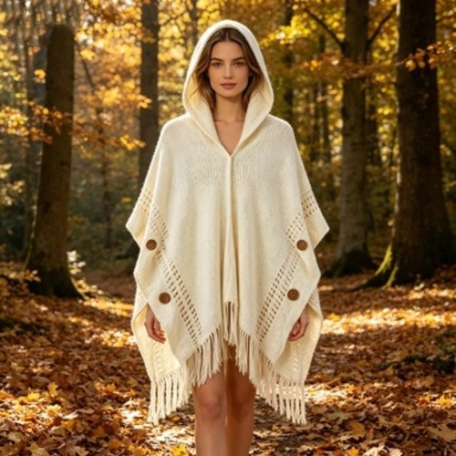Women Hooded Cape Shawl Asymmetric Hem Fringe Batwing Sleeve Button Casual Wrap