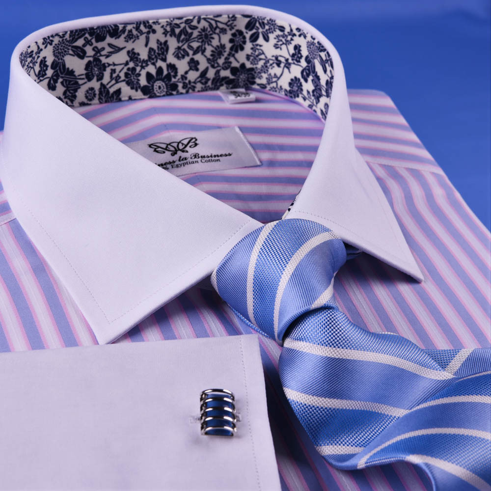 Pastel Multi-Colored Striped Dress Shirt White Poplin Contrast Cuff Business Top