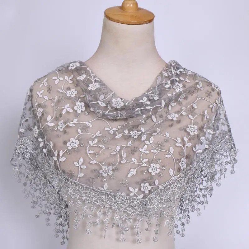 Women Tassel Triangle Scarf Embroidered Lace Floral Shawl Veil Wrap