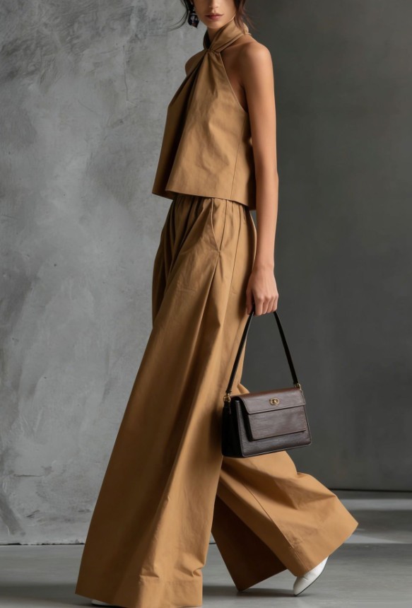 Women Sleeveless Halter Crop Top High Waist Wide Leg Pants 2 Piece Outfit Set