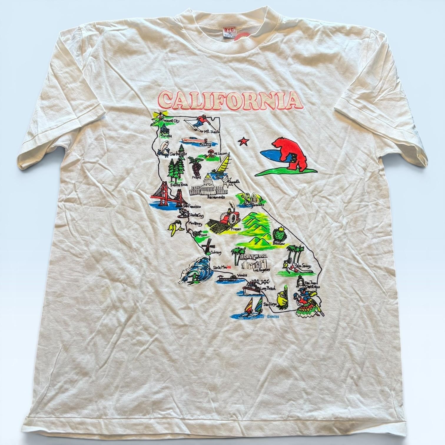Vintage BYC California Map Shirt Mens XL White Surfing Bear Graphic Tee T-Shirt