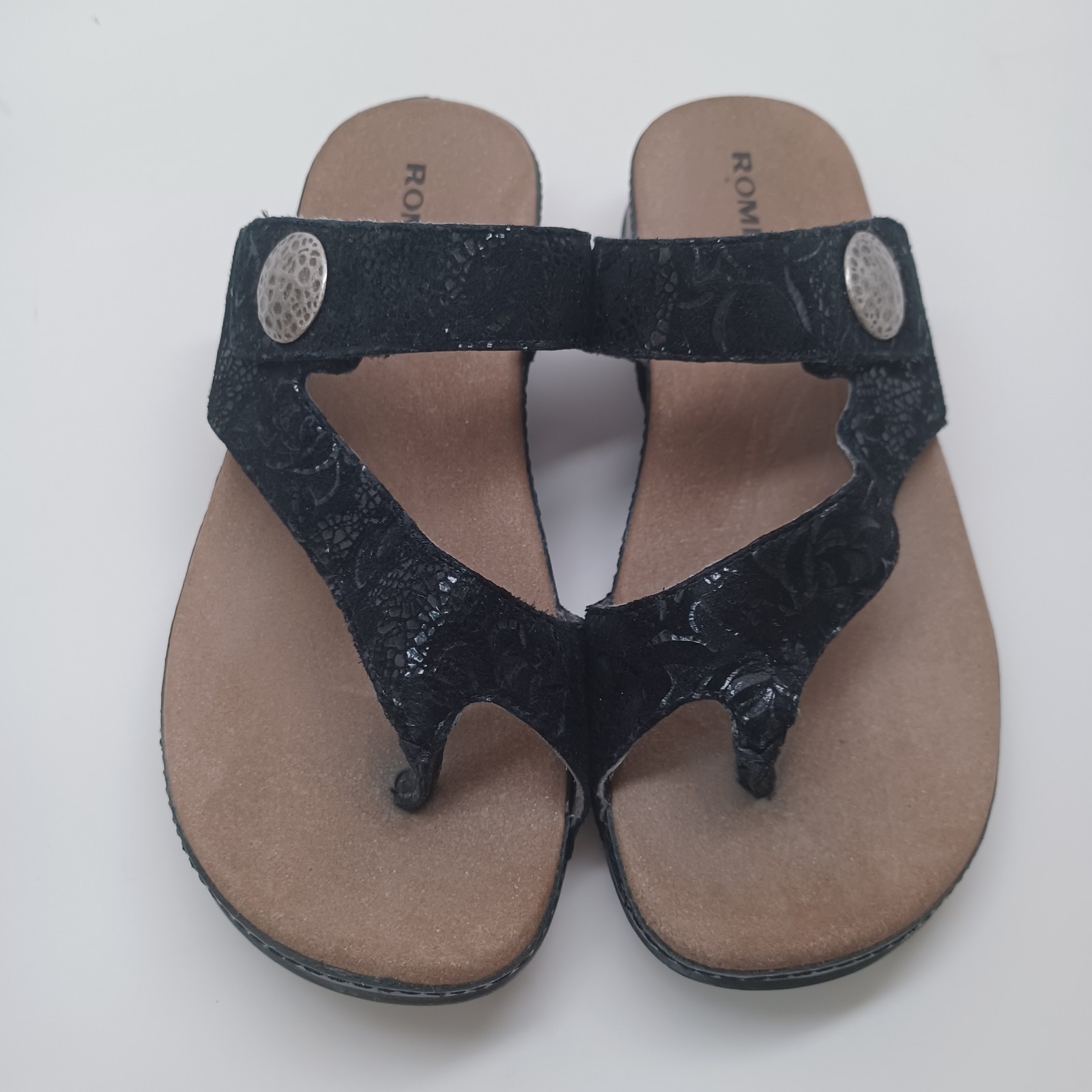 Romika Sandals Black Velvet Leather Comfort Wedge Germany Womens 38 or US 7.5