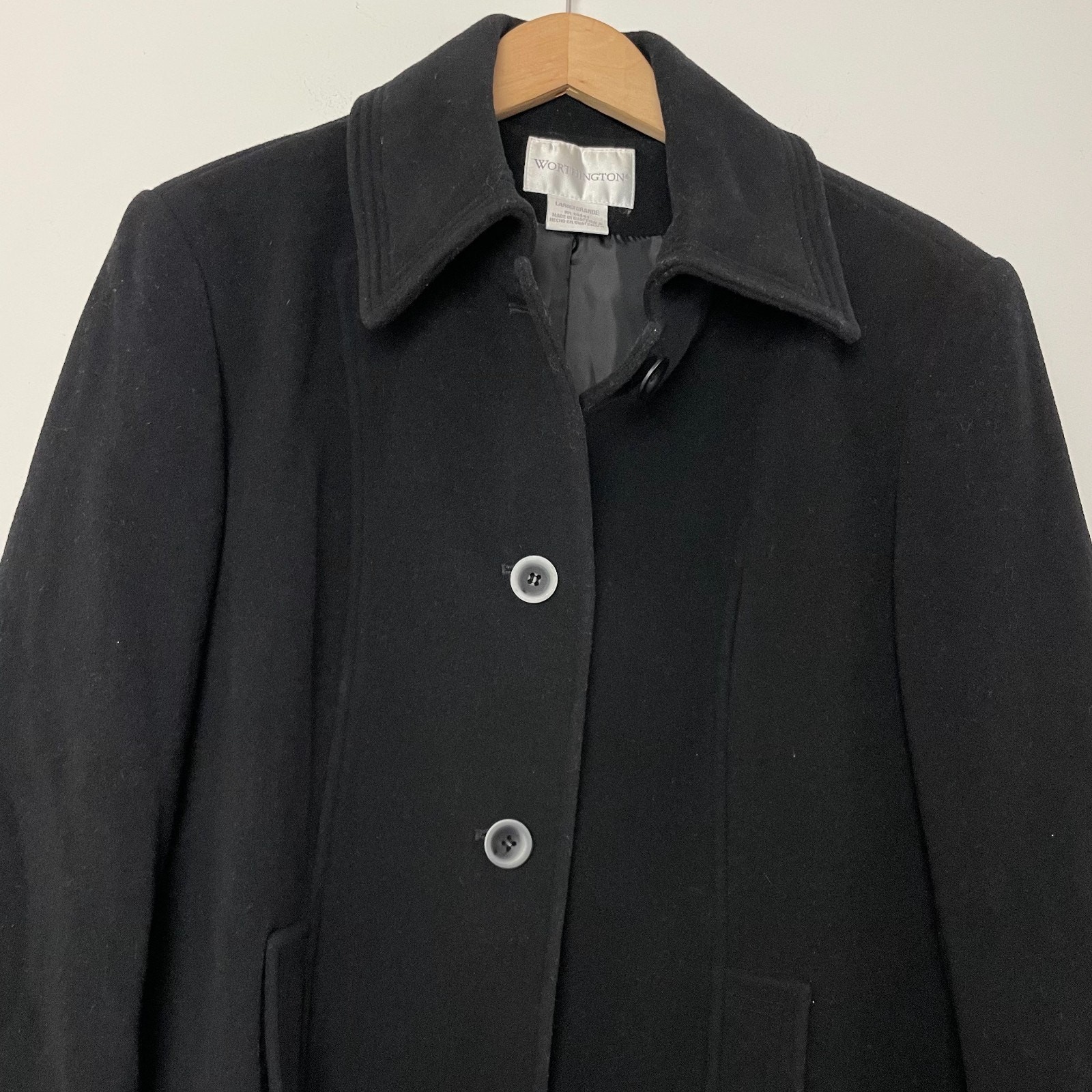 Black Wool Blend Pea Coat Large Minimalist Preppy Quiet Luxury Old Money Classic
