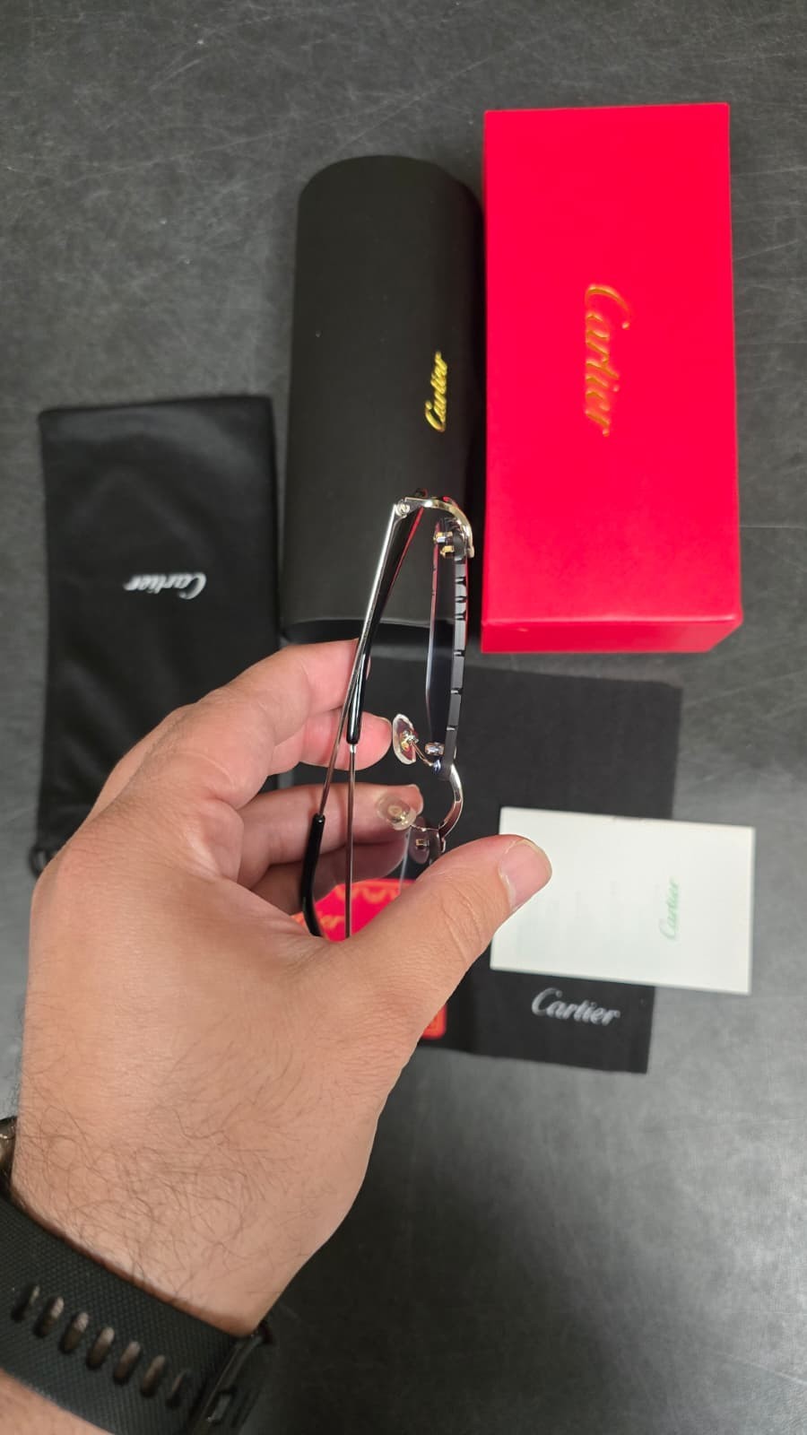 Cartier Big C Diamond Cut Red to Blue Fade Frameless Lens Gold Frame Big Box Ed.