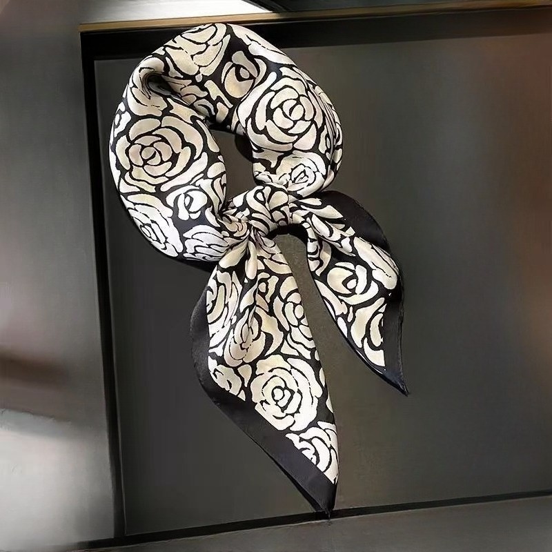 Satin Square Scarf 70x70CM Camellia Print Black White Wrap for Women Spring Fall