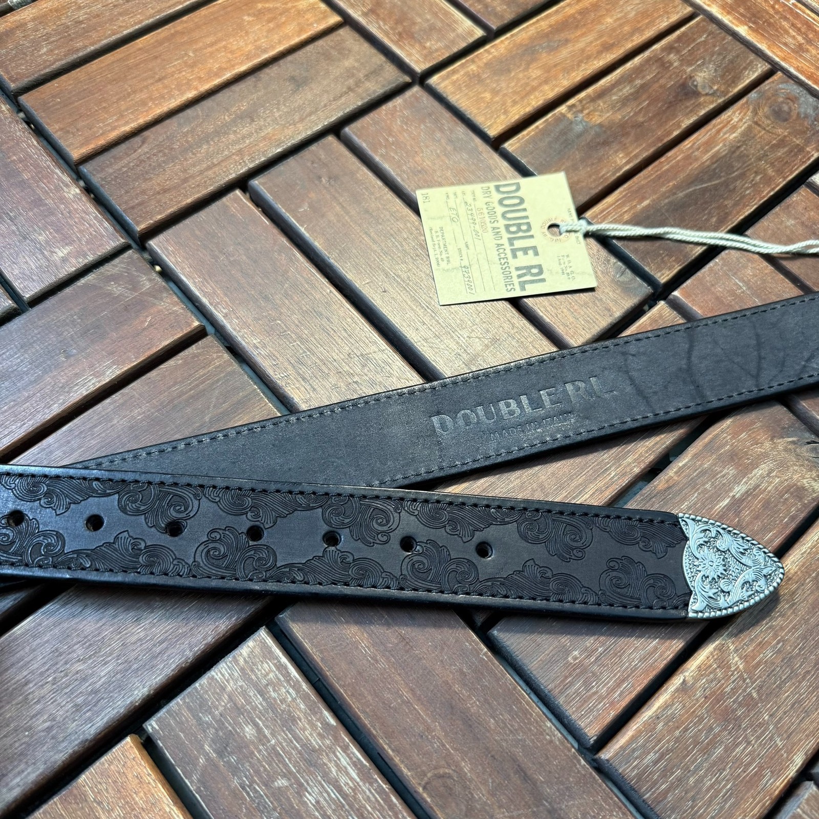 RRL Double RL Leather Belt Western Floral Engraved Silver Buckle Size 34