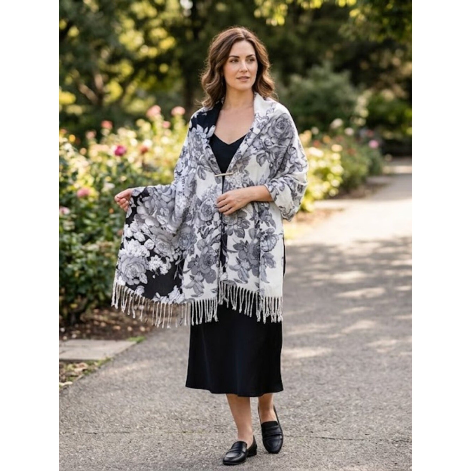 Black & White Floral Fringe Shawl Wrap | Elegant Lightweight Layering Scarf
