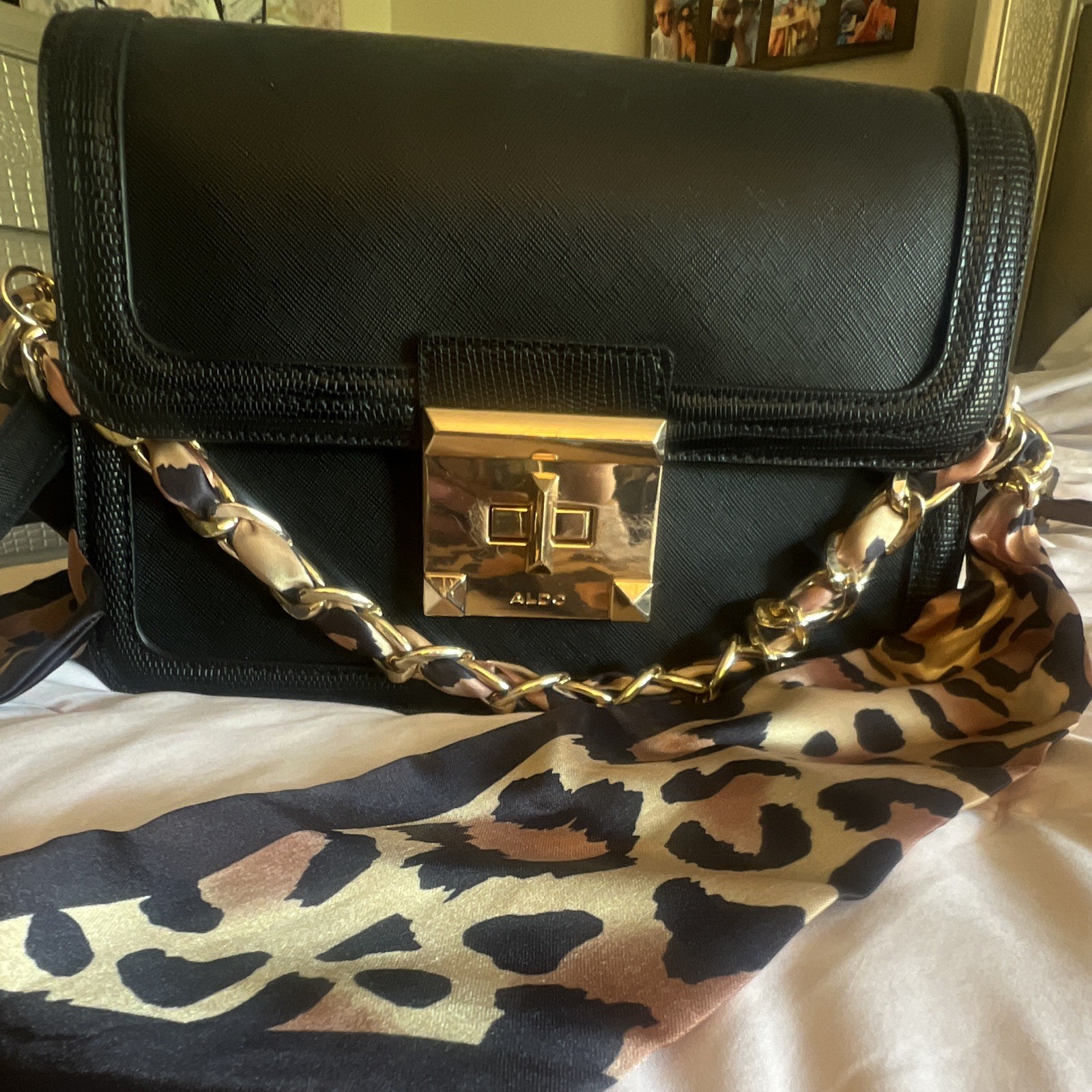 ALDO Black Crossbody Bag Turn Lock Gold Hardware Chain Strap Scarf Accent