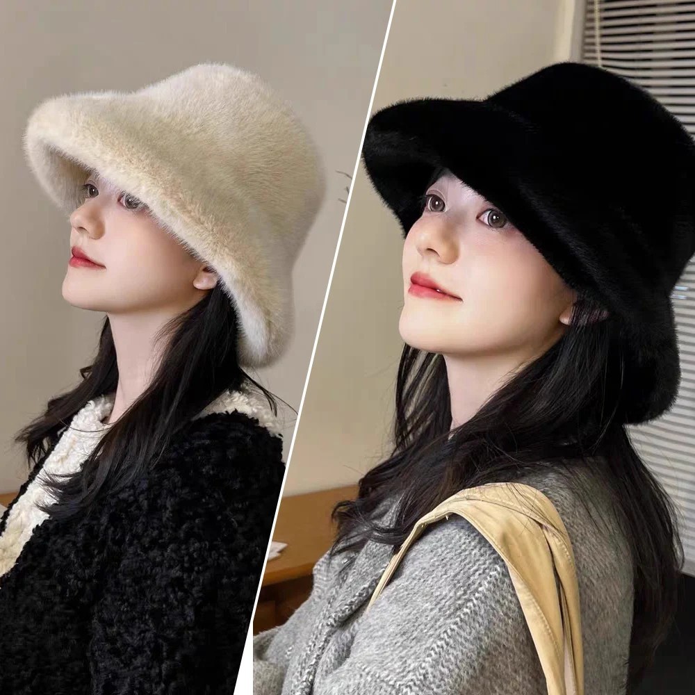 Fluffy Fur Bucket Hat – Warm Fisherman Plush Winter Hat Women Thick Furry Faux