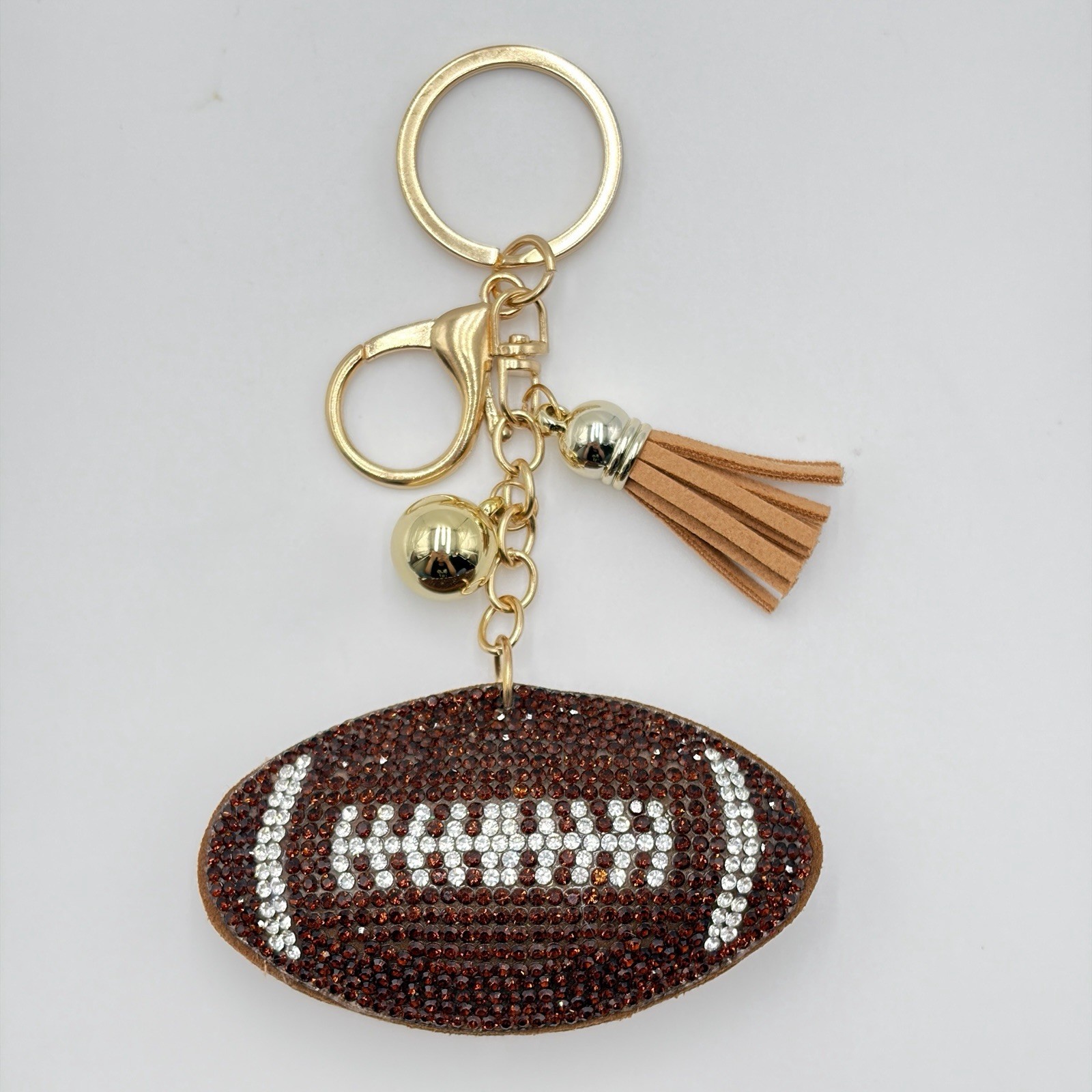Football Rhinestone Bag Charm Keychain Sports Fan Gift Tassel Box Brown