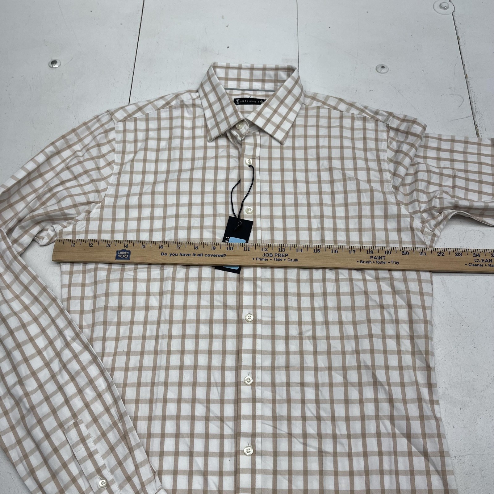 American Tall Shirt Mens Medium Tall Beige White Plaid Dress Button Down Stretch