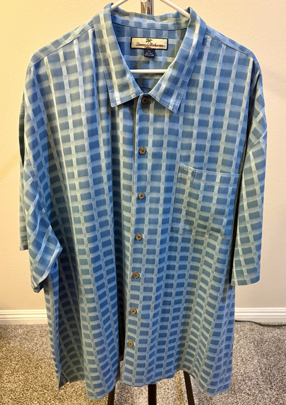 Tommy Bahama Mens XXL Blue/White Checkered Camp 100% Silk Shirt Button Down