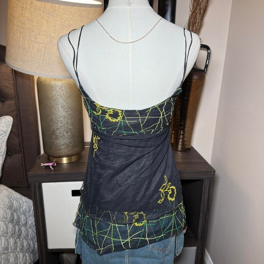 Euro Y2K Black Mesh Embroidered Floral Cami Top