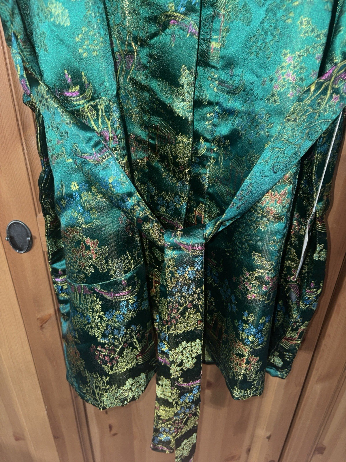 Women’s Green Satin Floral Kimono Robe V-Neck 3/4 Sleeve Tie Belt XL
