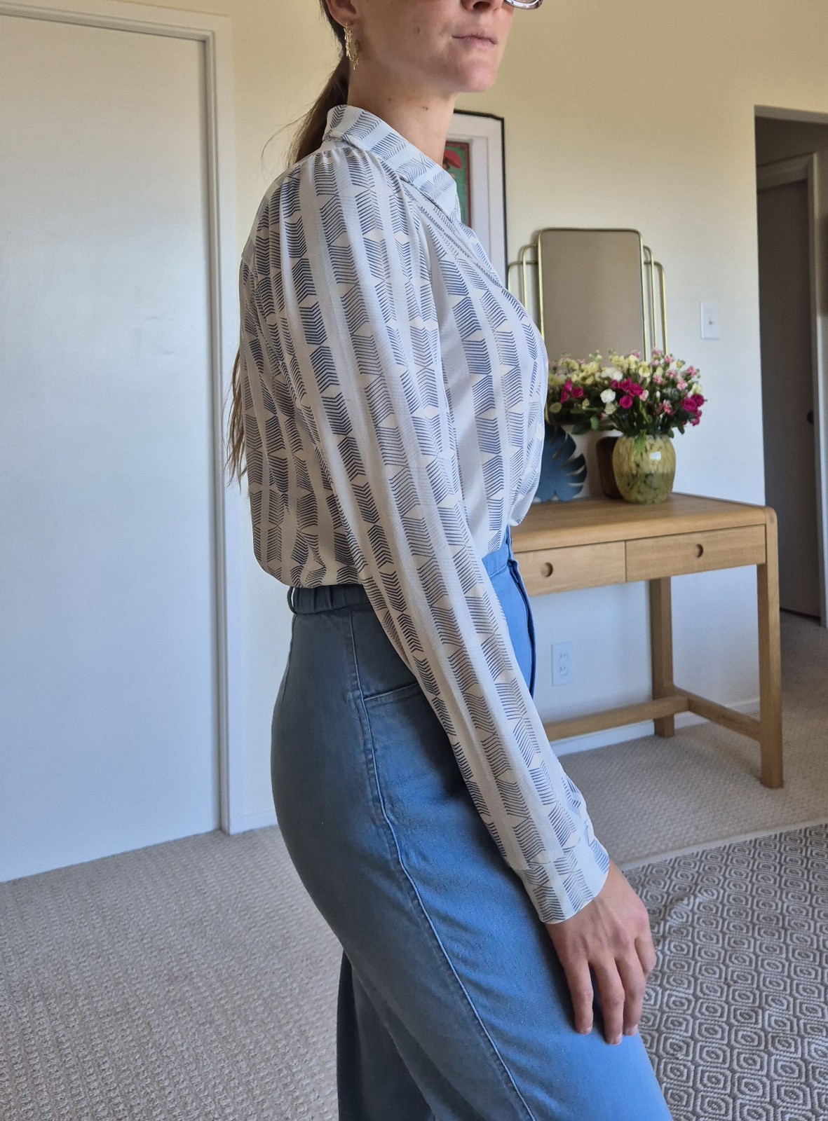 Rachel Zoe Geometric Collared Button Front Long Sleeve Blouse White/Blue S