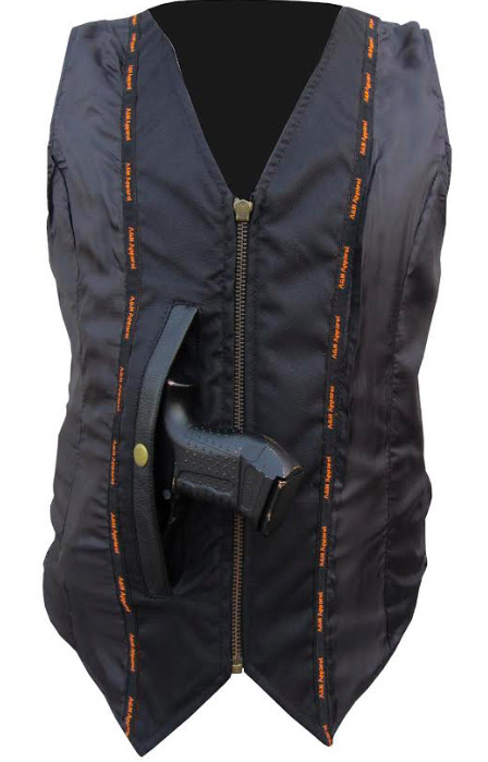 Womens Motorcycle Leather Vest Genuine Cowhide Leather Black Concealed Carry