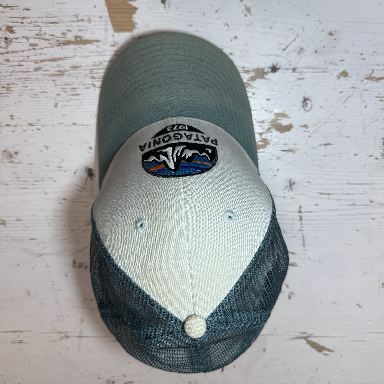 Patagonia Embroidered Spellout Mesh Lo Pro Trucker Hat Blue White