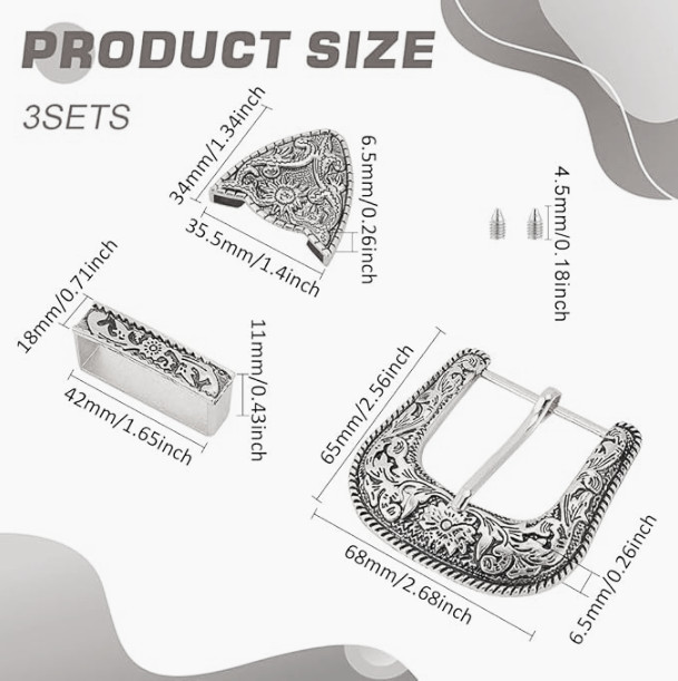 Western 3-Piece Belt Buckle Set Floral Engraved Silver Metal Cowboy Rodeo Style