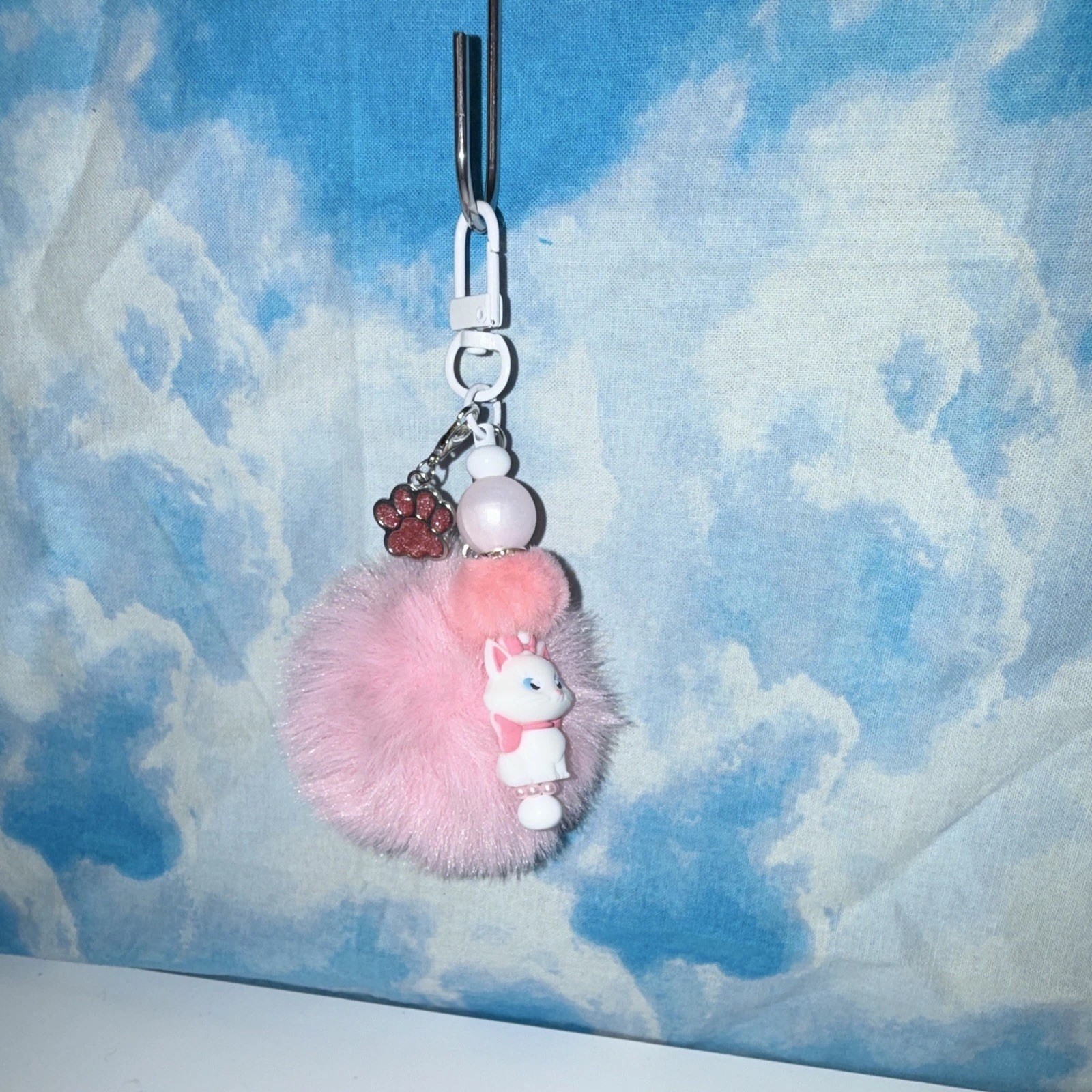 Pink Faux Fur Pom Pom Cat Key Chain/Bag Charm w/Beads & Detachable Clip