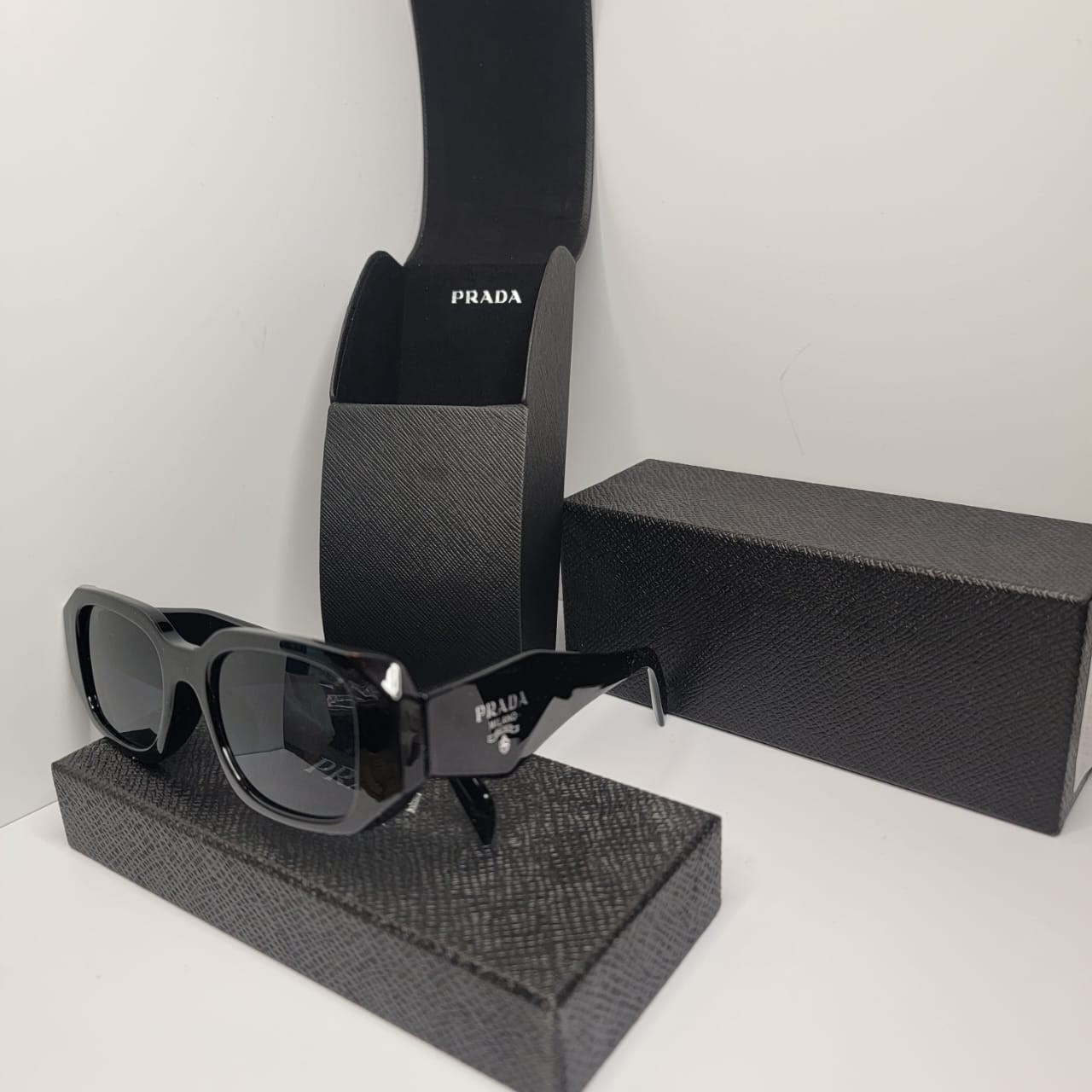 PRADA Milano Women’s Rectangular Chic Sunglasses Black Frame Gray Tinted UV400