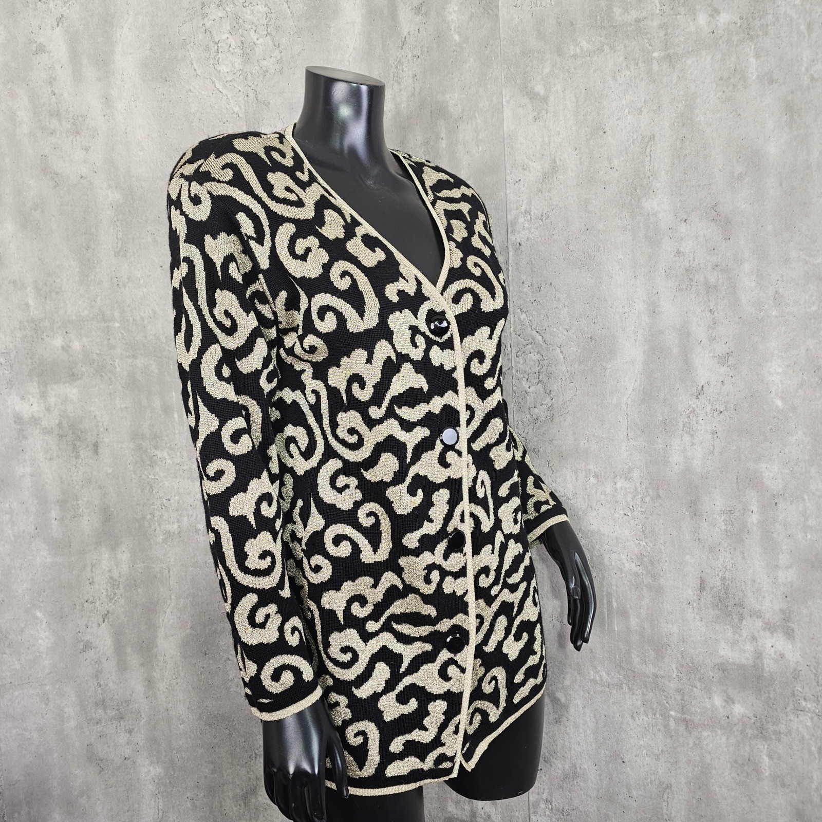Vintage 80s 90s Tesori Baroque Knit Jacket Gold Black Wool Cardigan XS