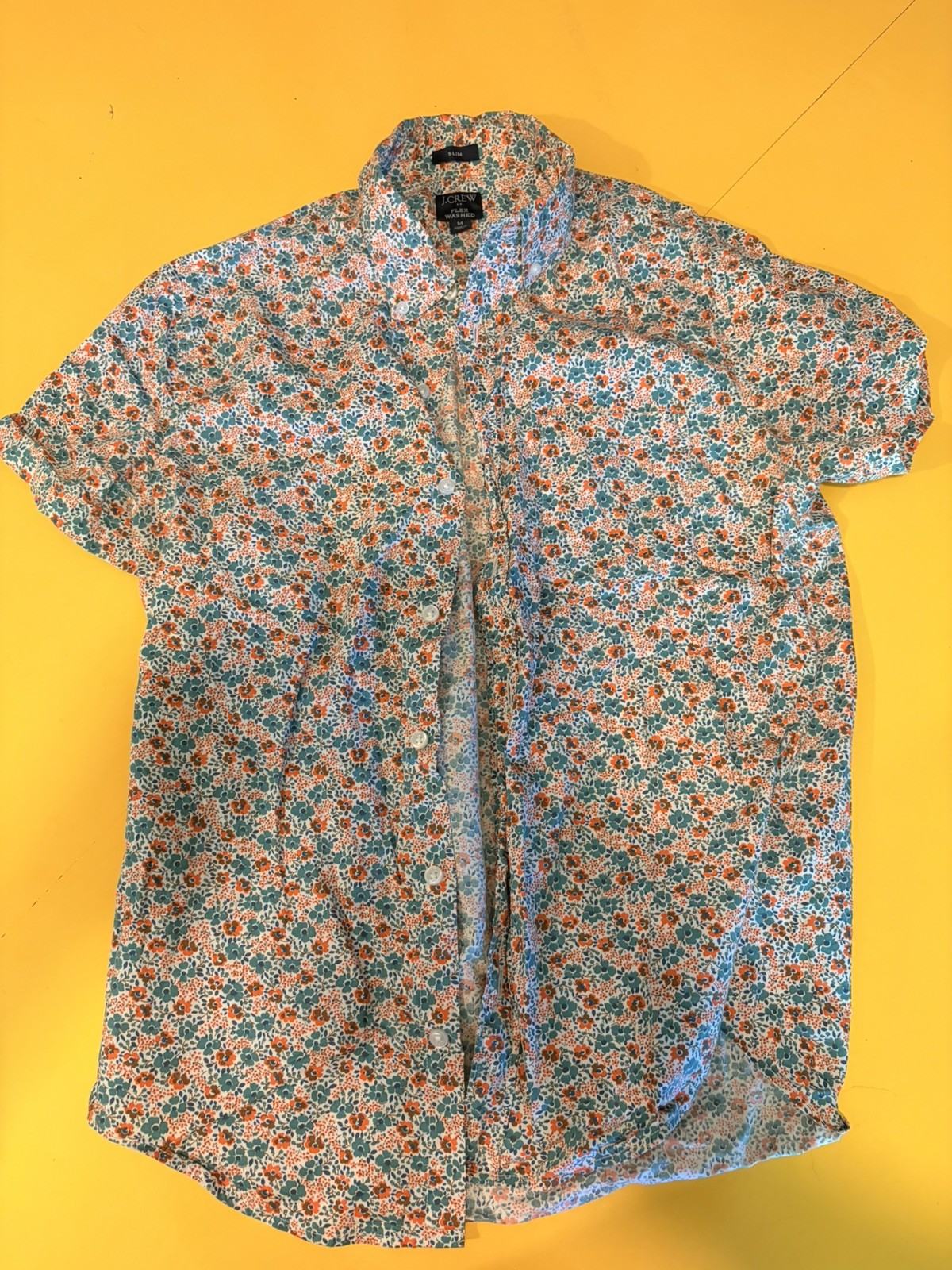 J. Crew Men’s Medium Flex Floral Button Down Short Sleeve Shirt Orange Green Red
