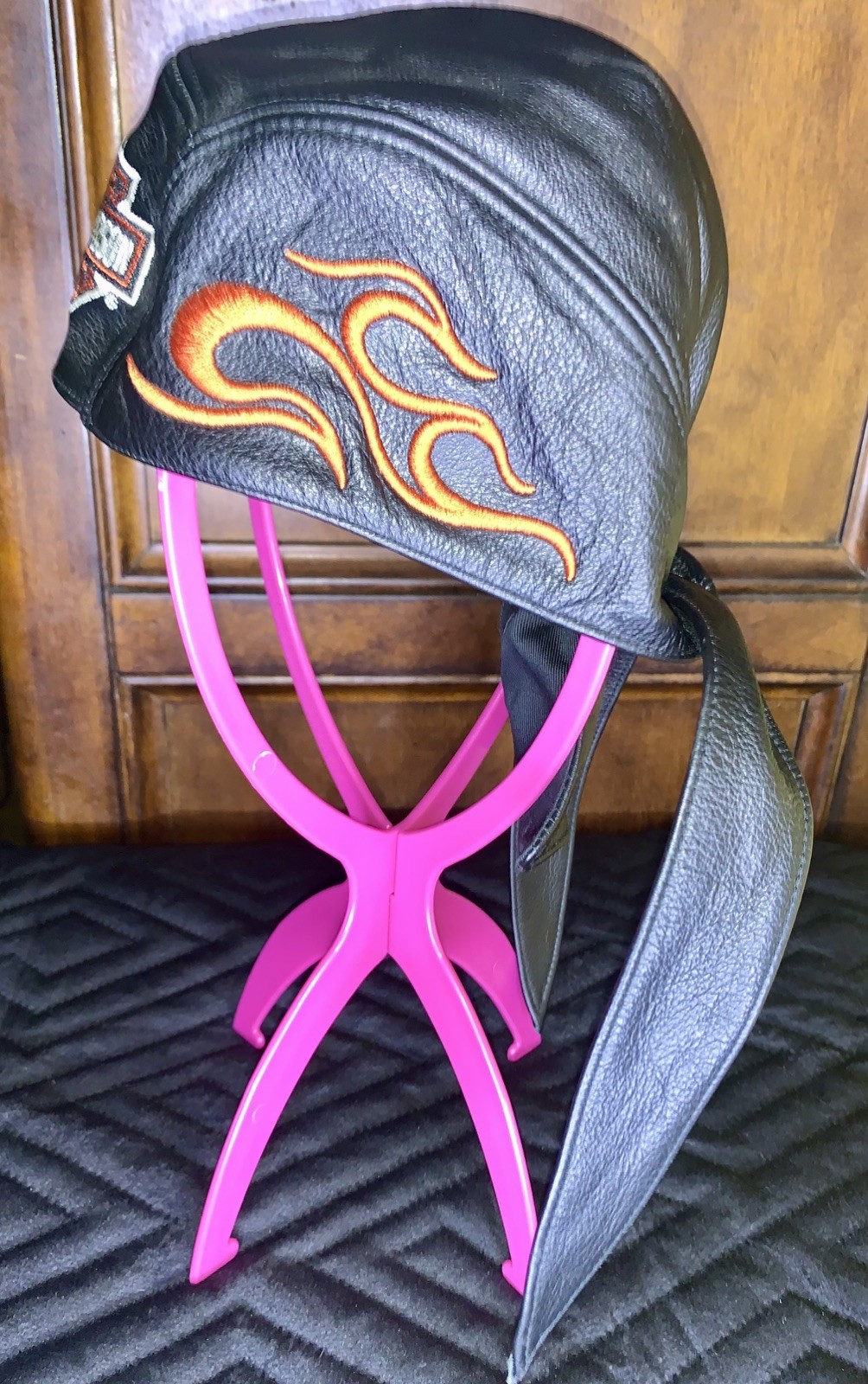 Vintage Harley Davidson ALL Leather Biker Bandana Skull Cap Doo Rag Y2K Sz.Small